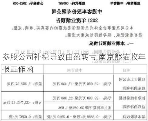 参股公司补税导致由盈转亏 南京熊猫收年报工作函