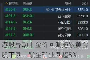 港股异动丨金价回调拖累黄金股下跌，紫金矿业跌超5%