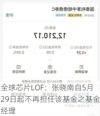 全球芯片LOF：张晓南自5月29日起不再担任该基金之基金经理