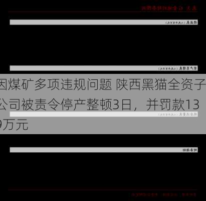 因煤矿多项违规问题 陕西黑猫全资子公司被责令停产整顿3日，并罚款139万元