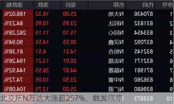 北交所N万达大涨超257%，触发临停