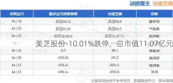 美芝股份-10.01%跌停，总市值11.07亿元