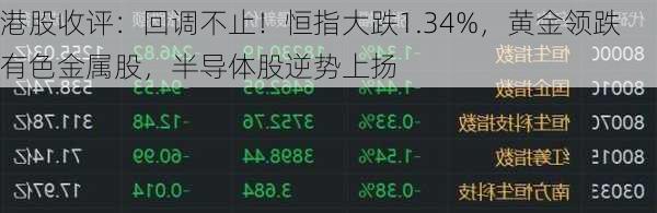 港股收评：回调不止！恒指大跌1.34%，黄金领跌有色金属股，半导体股逆势上扬