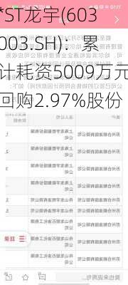 *ST龙宇(603003.SH)：累计耗资5009万元回购2.97%股份