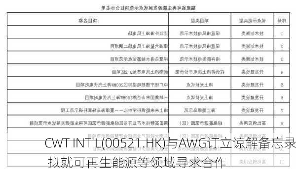 CWT INT'L(00521.HK)与AWG订立谅解备忘录 拟就可再生能源等领域寻求合作