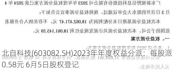 北自科技(603082.SH)2023年年度权益分派：每股派0.58元 6月5日股权登记