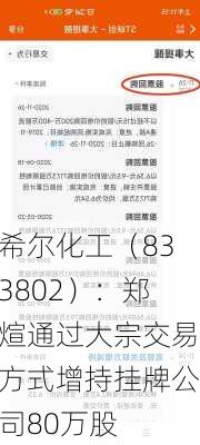 希尔化工（833802）：郑煊通过大宗交易方式增持挂牌公司80万股