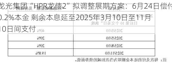 龙光集团“HPR龙债2”拟调整展期方案：6月24日偿付0.2%本金 剩余本息延至2025年3月10日至11月10日间支付