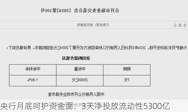 央行月底呵护资金面：3天净投放流动性5300亿