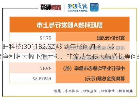 凯旺科技(301182.SZ)收到年报问询函，涉及净利润大幅下滑亏损、非流动负债大幅增长等问题