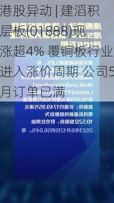 港股异动 | 建滔积层板(01888)现涨超4% 覆铜板行业进入涨价周期 公司5月订单已满