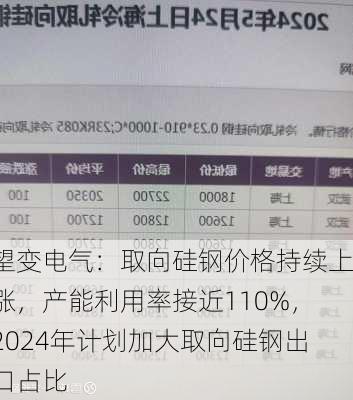 望变电气：取向硅钢价格持续上涨，产能利用率接近110%，2024年计划加大取向硅钢出口占比