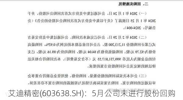 艾迪精密(603638.SH)：5月公司未进行股份回购