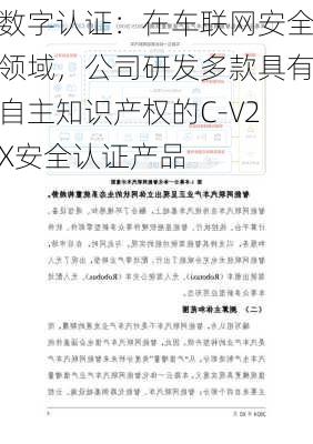 数字认证：在车联网安全领域，公司研发多款具有自主知识产权的C-V2X安全认证产品