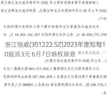 浙江恒威(301222.SZ)2023年度拟每10股派3元 6月7日除权除息