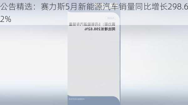 公告精选：赛力斯5月新能源汽车销量同比增长298.62%