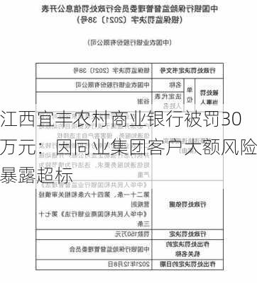 江西宜丰农村商业银行被罚30万元：因同业集团客户大额风险暴露超标