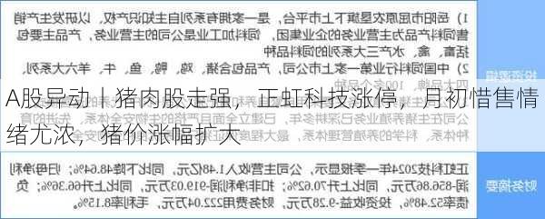 A股异动丨猪肉股走强，正虹科技涨停，月初惜售情绪尤浓，猪价涨幅扩大