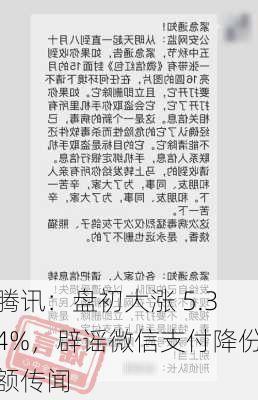 腾讯：盘初大涨 5.34%，辟谣微信支付降份额传闻