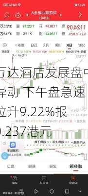 万达酒店发展盘中异动 下午盘急速拉升9.22%报0.237港元