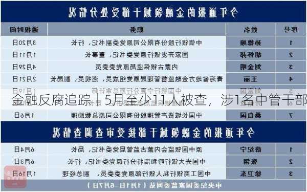 金融反腐追踪｜5月至少11人被查，涉1名中管干部