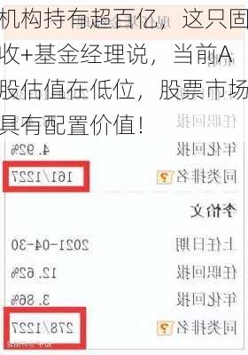 机构持有超百亿，这只固收+基金经理说，当前A股估值在低位，股票市场具有配置价值！