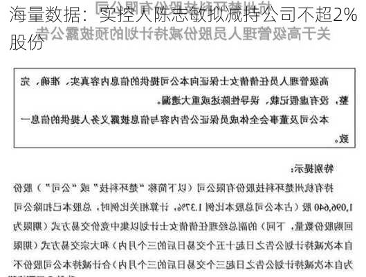 海量数据：实控人陈志敏拟减持公司不超2%股份