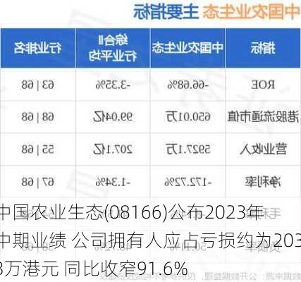 中国农业生态(08166)公布2023年中期业绩 公司拥有人应占亏损约为203.3万港元 同比收窄91.6%