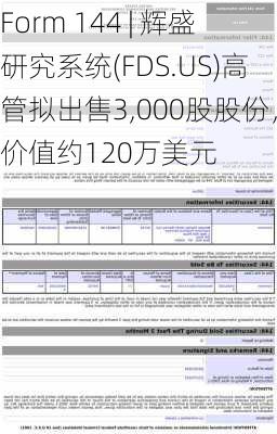 Form 144 | 辉盛研究系统(FDS.US)高管拟出售3,000股股份，价值约120万美元