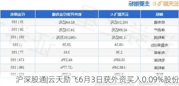 沪深股通|云天励飞6月3日获外资买入0.09%股份