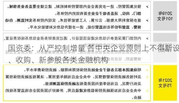 国资委：从严控制增量 各中央企业原则上不得新设、收购、新参股各类金融机构