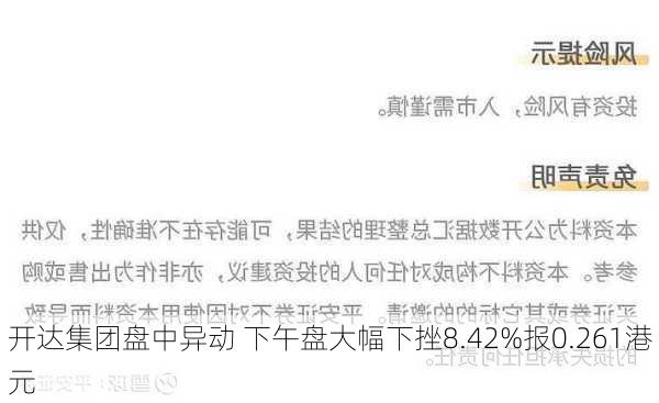 开达集团盘中异动 下午盘大幅下挫8.42%报0.261港元