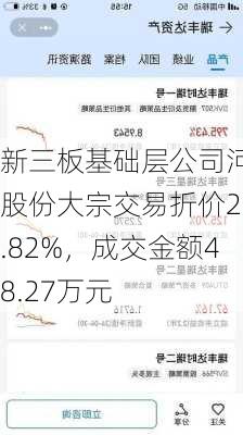 新三板基础层公司河马股份大宗交易折价29.82%，成交金额48.27万元