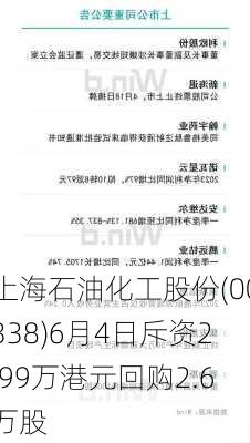 上海石油化工股份(00338)6月4日斥资2.99万港元回购2.6万股