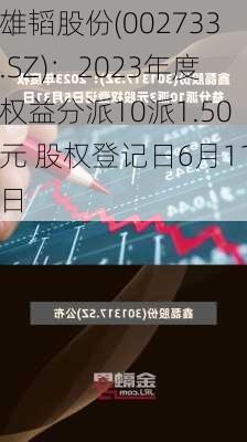 雄韬股份(002733.SZ)：2023年度权益分派10派1.50元 股权登记日6月11日