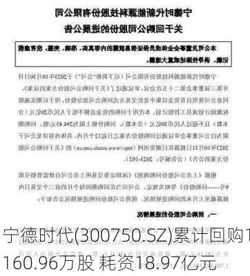 宁德时代(300750.SZ)累计回购1160.96万股 耗资18.97亿元