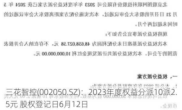 三花智控(002050.SZ)：2023年度权益分派10派2.5元 股权登记日6月12日