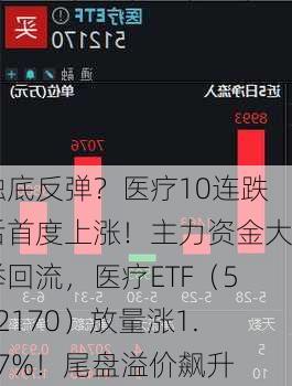 触底反弹？医疗10连跌后首度上涨！主力资金大举回流，医疗ETF（512170）放量涨1.87%！尾盘溢价飙升