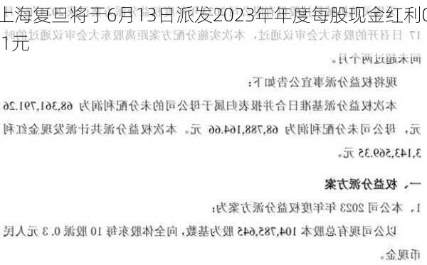 上海复旦将于6月13日派发2023年年度每股现金红利0.1元