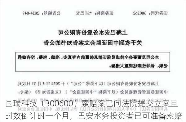 国瑞科技（300600）索赔案已向法院提交立案且时效倒计时一个月，巴安水务投资者已可准备索赔