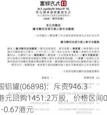 中国铝罐(06898)：斥资946.3万港元回购1451.2万股，价格区间0.65-0.67港元