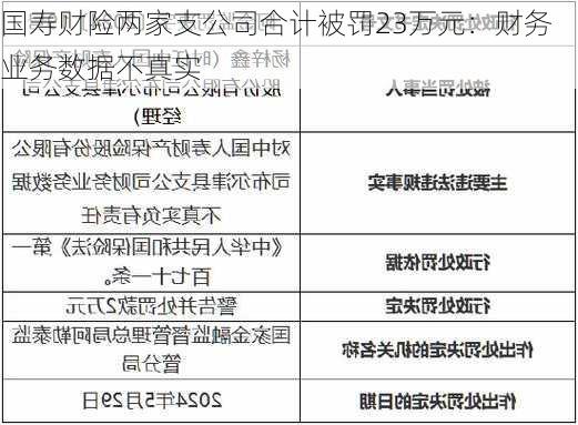 国寿财险两家支公司合计被罚23万元：财务业务数据不真实