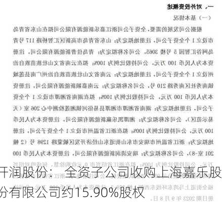 开润股份： 全资子公司收购上海嘉乐股份有限公司约15.90%股权