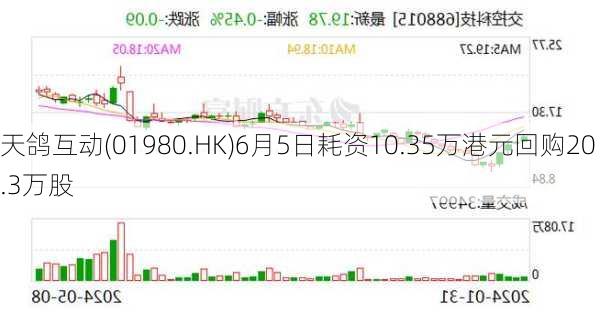 天鸽互动(01980.HK)6月5日耗资10.35万港元回购20.3万股