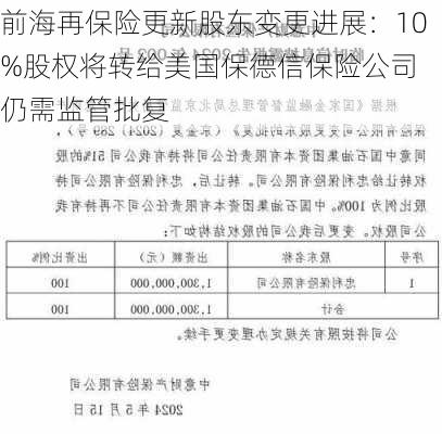 前海再保险更新股东变更进展：10%股权将转给美国保德信保险公司 仍需监管批复