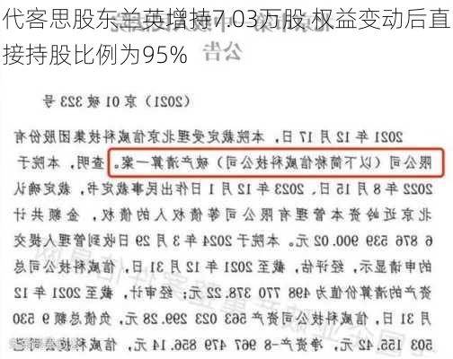 代客思股东兰英增持7.03万股 权益变动后直接持股比例为95%