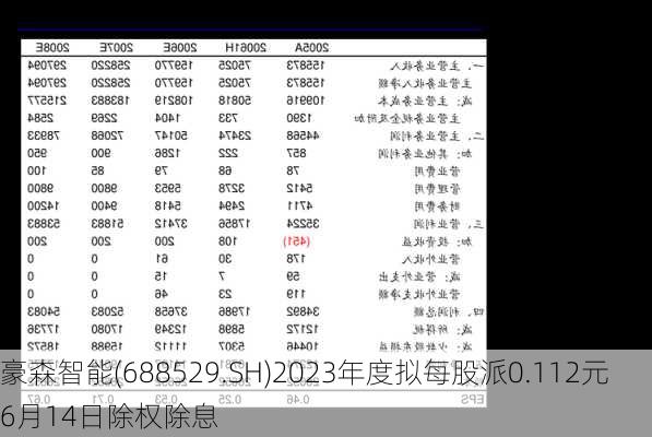 豪森智能(688529.SH)2023年度拟每股派0.112元 6月14日除权除息