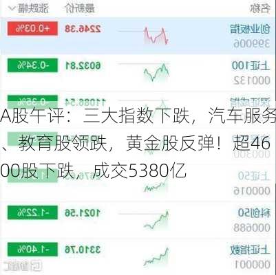 A股午评：三大指数下跌，汽车服务、教育股领跌，黄金股反弹！超4600股下跌，成交5380亿