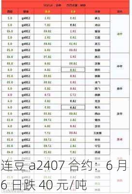 连豆 a2407 合约：6 月 6 日跌 40 元/吨