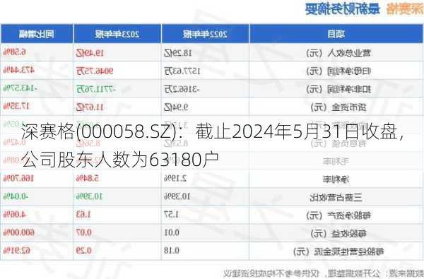 深赛格(000058.SZ)：截止2024年5月31日收盘，公司股东人数为63180户